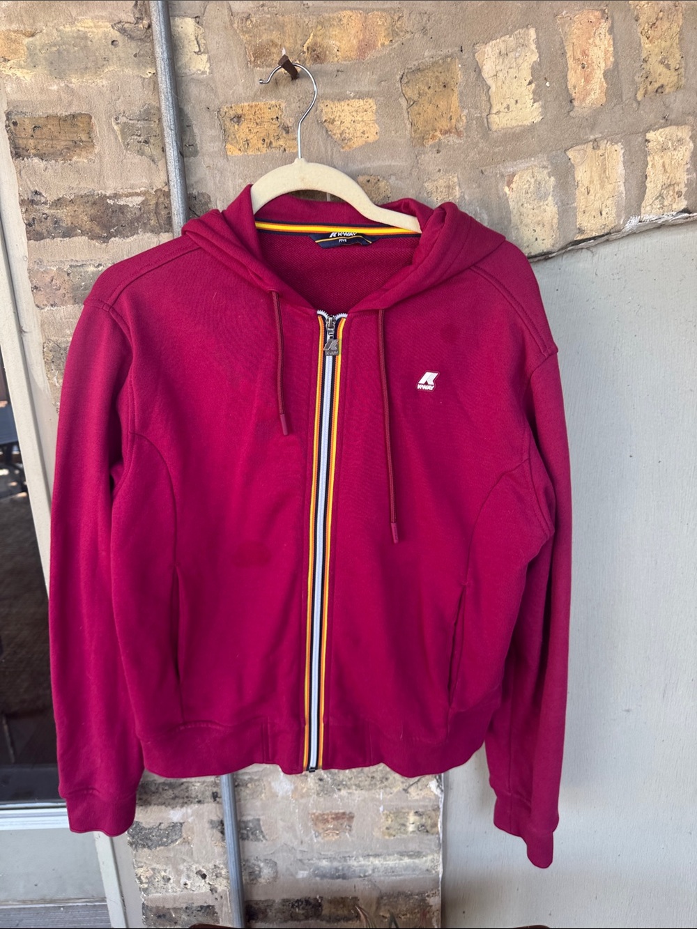K-Way Burgundy Hooded Zip Jacket with Yellow and Orange Trim